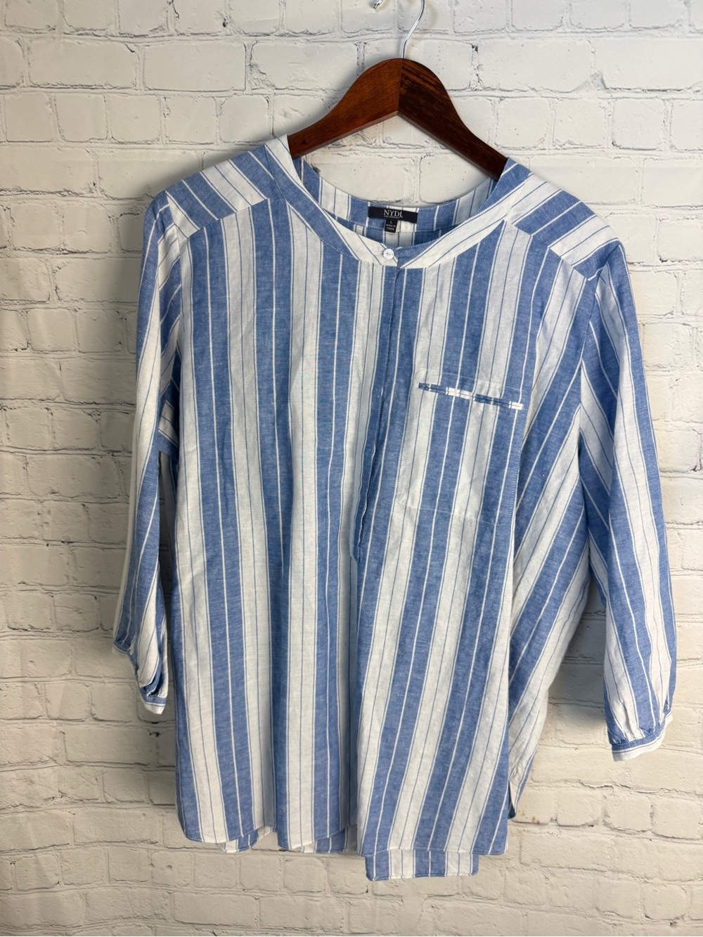 NYDJ Blue and White Vertical Stripe Blouse Large